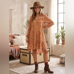 (SOLD) Matilda Jane Mustard Floral Tiered Long-Sleeve midi dress